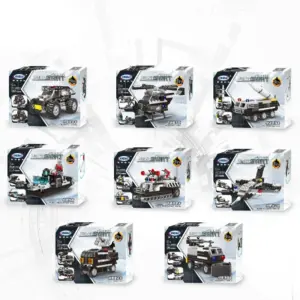 Set de bloques de construcción SWAT 8 en 1 con 8 cajas individuales que permiten armar diferentes vehículos tácticos, patrullas y naves en color negro y gris.